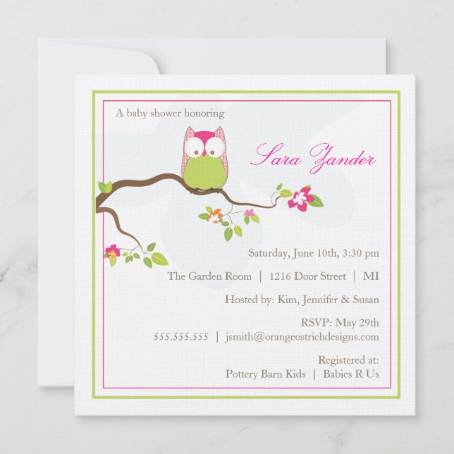 Invitation Baby shower - Chevêche de bébé rose et  (Devant)