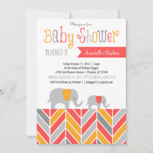 Invitation Baby shower Chevron Elephant Coral Grey