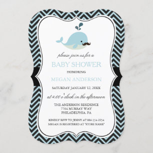 Invitation Baby-Shower Chevron Garçon Baleine Moustache Bleue