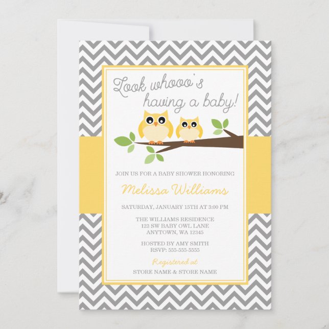 Invitation Baby shower Chevron gris de Chouette jaune (Devant)
