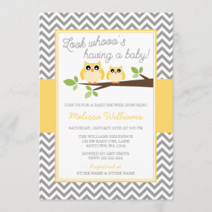 Invitation Baby shower Chevron gris de Chouette jaune