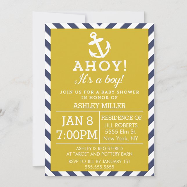 Invitation Baby shower Chevron marin et d'or (Devant)