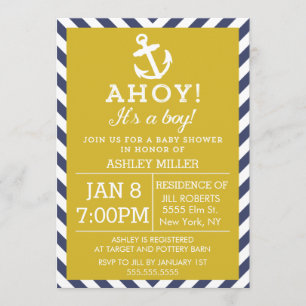 Invitation Baby shower Chevron marin et d'or