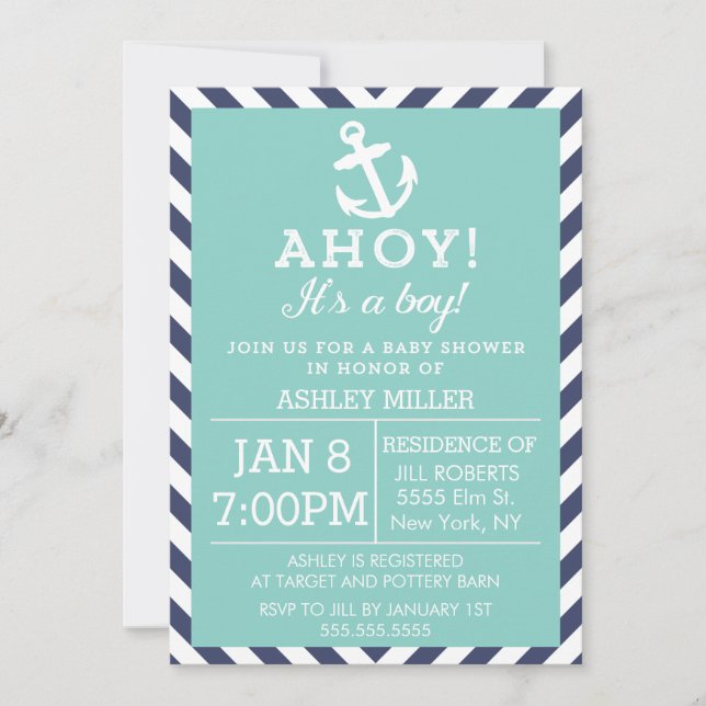 Invitation Baby shower Chevron Nautique Marine et Mint (Devant)
