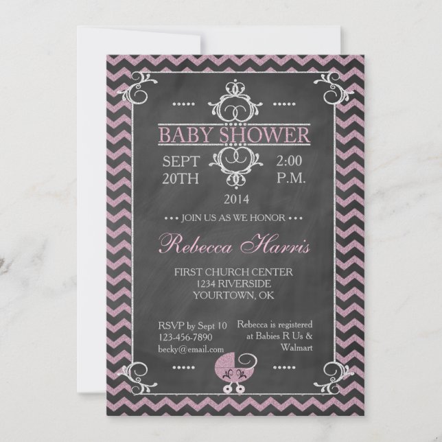 Invitation Baby shower Chevron Pink Chalkboard (Devant)