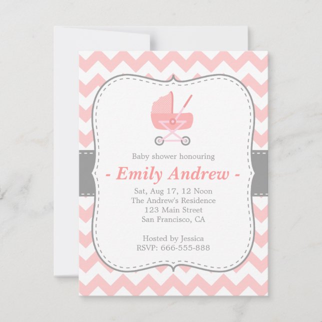 Invitation Baby Shower - Chevron Rose et Blanc avec Poussette (Devant)