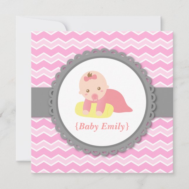 Invitation Baby Shower - Chevron Rose et Blanc, Bébé fille (Devant)