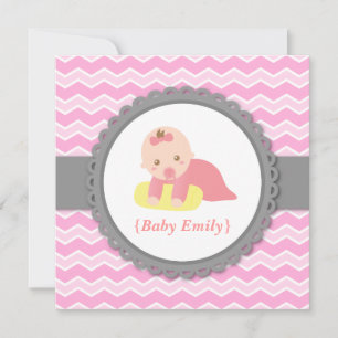 Invitation Baby Shower - Chevron Rose et Blanc, Bébé fille