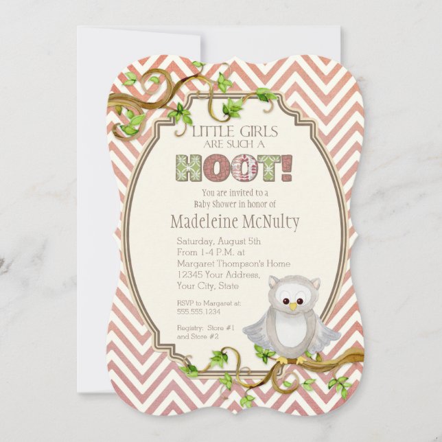 Invitation Baby shower Chevron Striped Hoot Owl Little Girls (Devant)