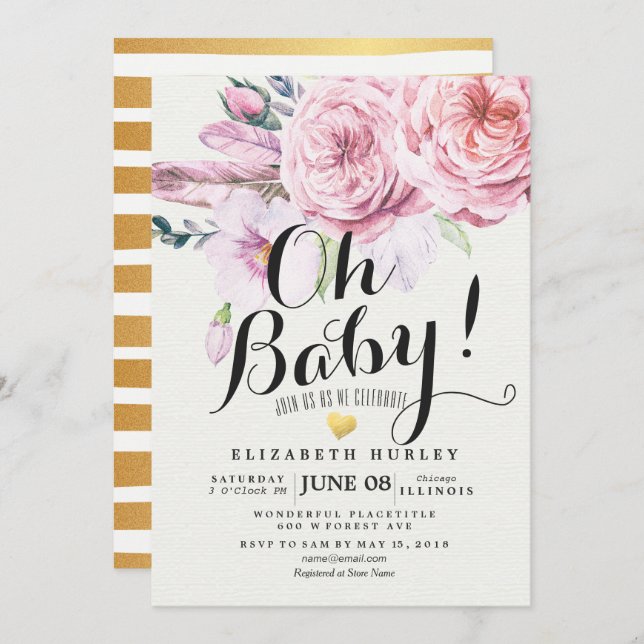 Invitation Baby shower Chic Aquarelle Boho Plumes florales (Devant / Derrière)