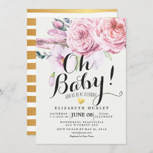 Invitation Baby shower Chic Aquarelle Boho Plumes florales