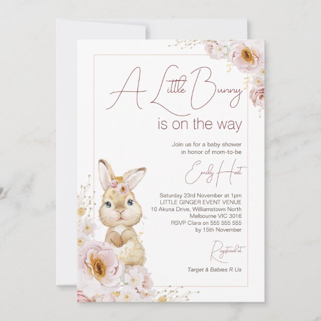 Invitation Baby shower chic Blush Boho Floral Bunny (Devant)