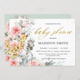 Invitation Baby shower Chic Blush Rose Floral Jungle Animaux