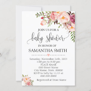 Invitation Baby shower chic boho à fleurs roses