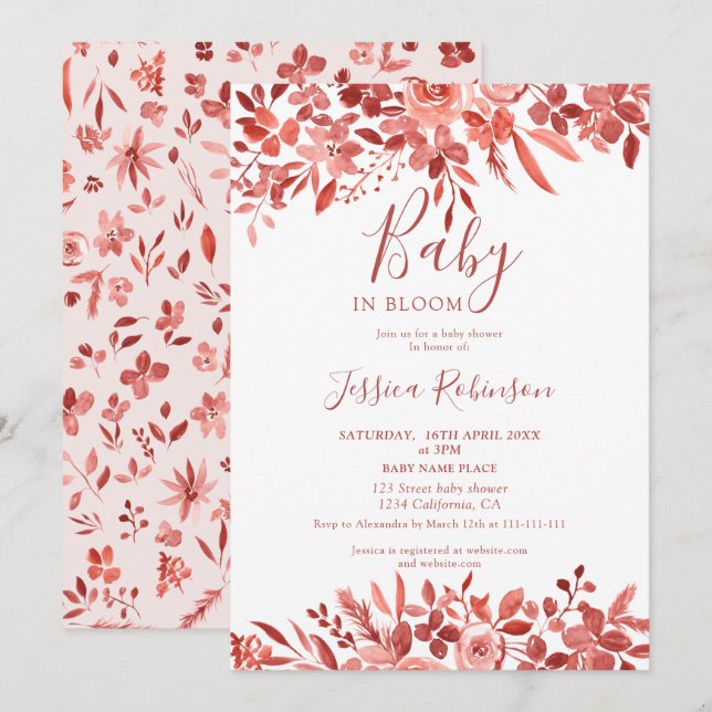 Invitation Baby shower chic Boho floral terre cuite aquarelle (Devant / Derrière)