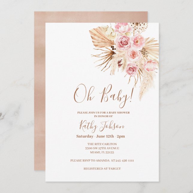 Invitation Baby shower Chic Boho Pampas en Grass Fleur Rose  (Devant / Derrière)
