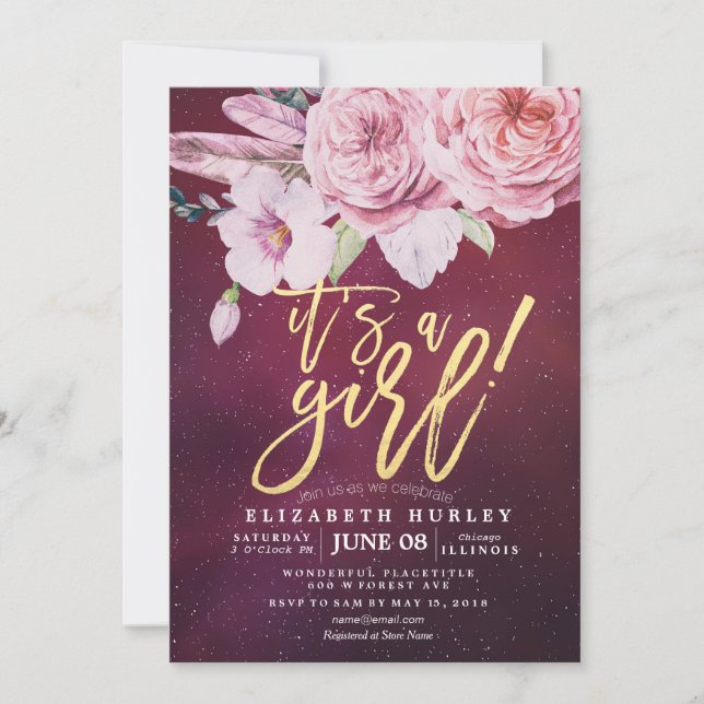 Invitation Baby shower Chic Boho Plumes florales Bourgogne Ro (Devant)