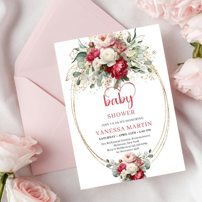 Invitation Baby Shower Chic Boho Rouge Rubis Rouge Pâle et Fe (Chic Boho Ruby Red Blush Greenery Baby Shower)