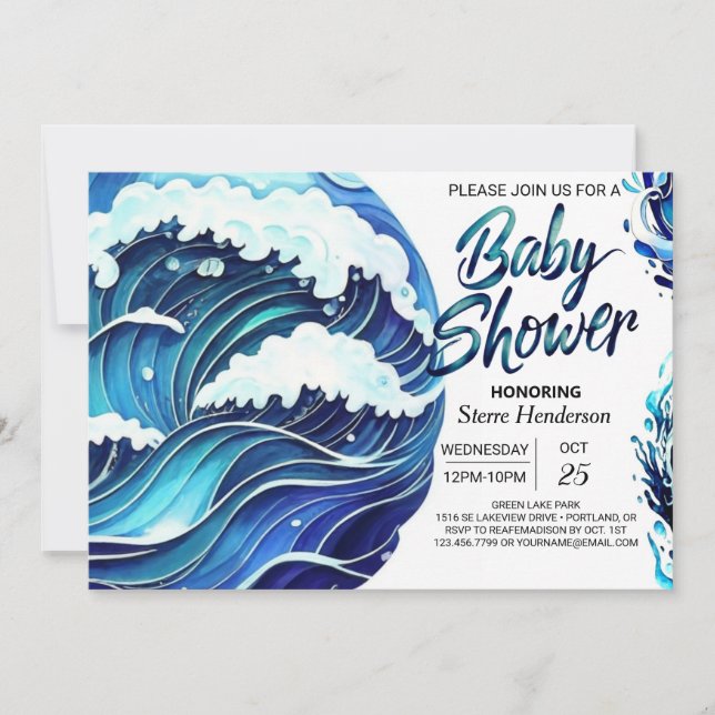Invitation Baby shower Chic Coastal Waves (Devant)