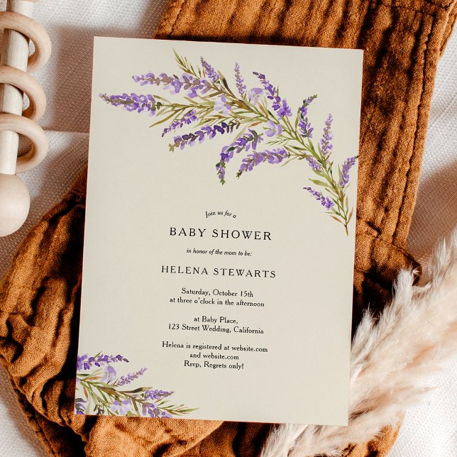 Invitation Baby shower chic de lavande d'automne (Fall lavender floral watercolor chic baby shower invitation on ivory)