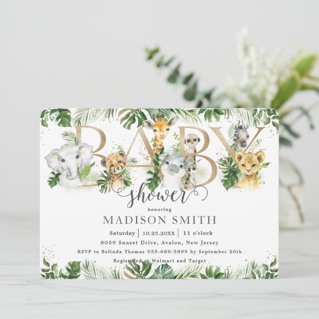Invitation Baby shower chic de verdure jolie Jungle Animaux (Debout devant)