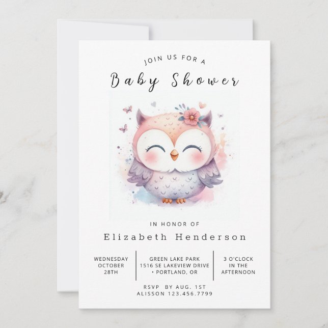 Invitation Baby shower Chic Enchanted Owl (Devant)