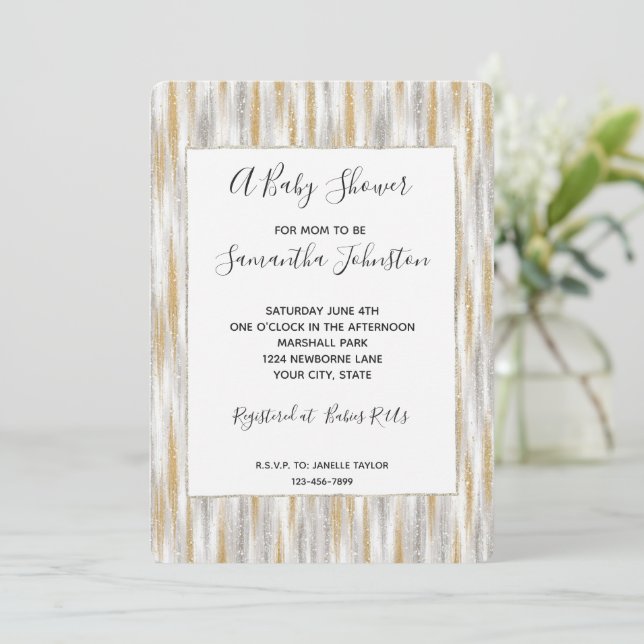 Invitation Baby Shower Chic Glam Pailleté Rayures Or Argent (Debout devant)