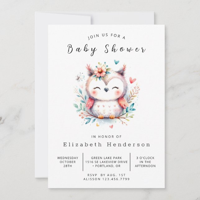 Invitation Baby shower chic moderne de hibou (Devant)