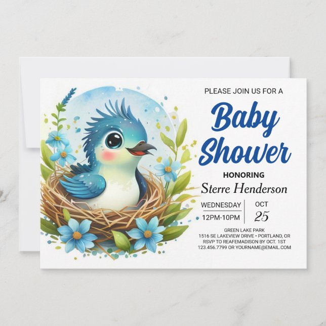 Invitation Baby shower chic Nest Blue Bird Boy (Devant)