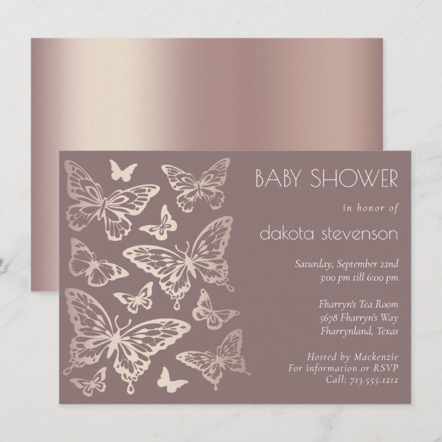 Invitation Baby shower chic papillon | Or Rose de cuivre (Devant / Derrière)