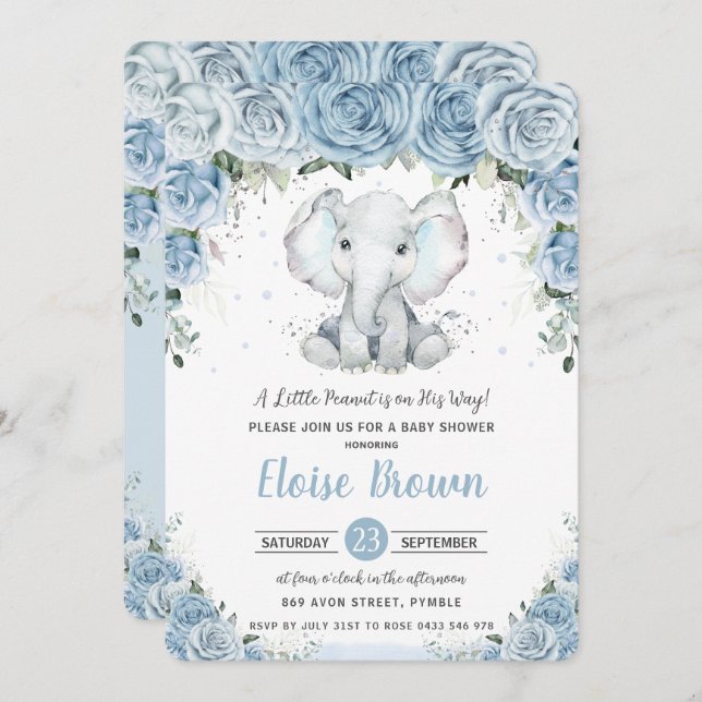 Invitation Baby shower chic Pastel Blue Floral Elephant Boy (Devant / Derrière)