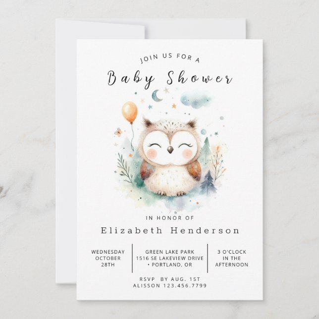 Invitation Baby shower chic Pastel Owl (Devant)