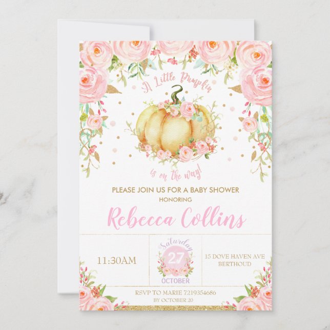 Invitation Baby shower Chic Petit Citrouille Floral Rose (Devant)