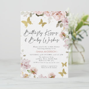 Invitation Baby shower Chic Rose Floral Gold Butterfly Kisses