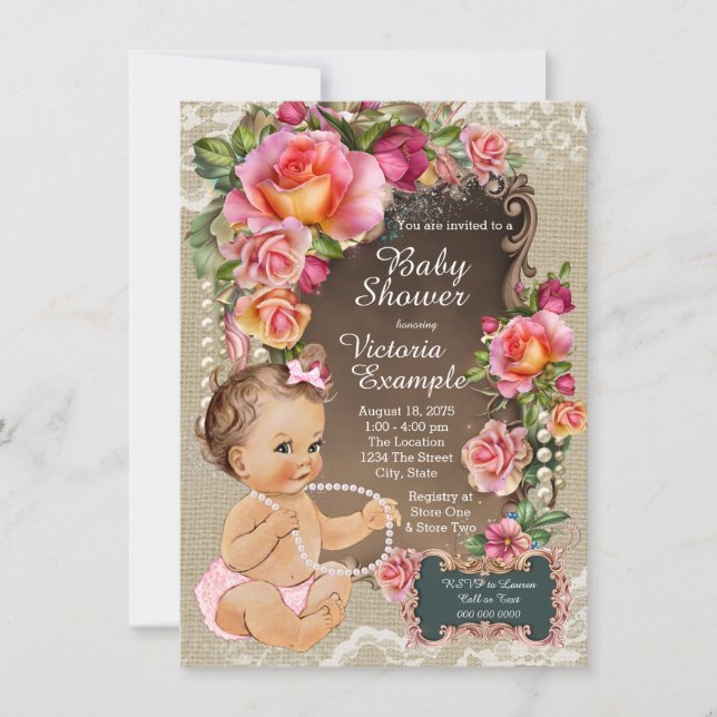 Invitation Baby-Shower Chic Rustique Perle Toile de Jute et D (Devant)