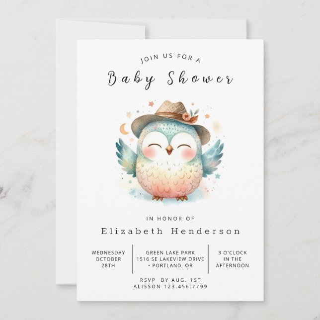 Invitation Baby shower Chic Woods Owl (Devant)