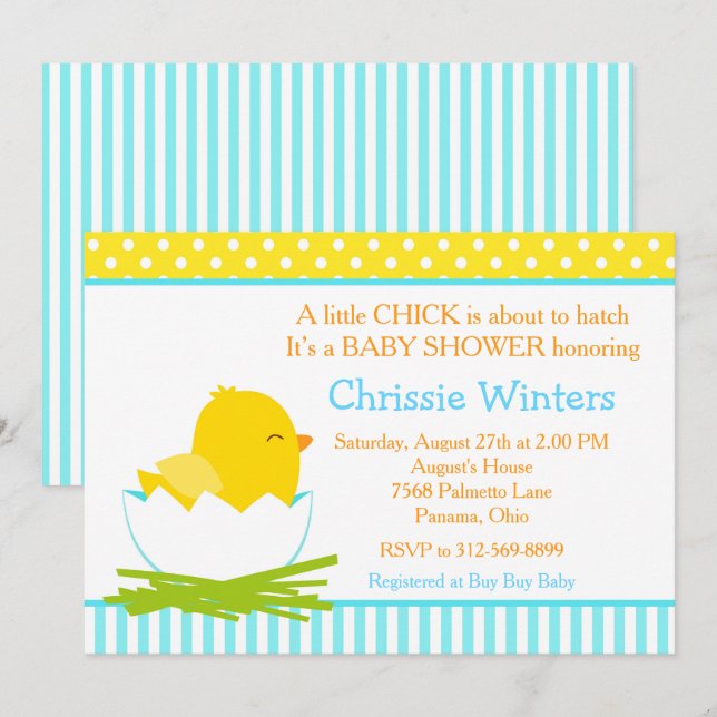 Invitation Baby shower chiche garçon bleu et jaune (Devant / Derrière)