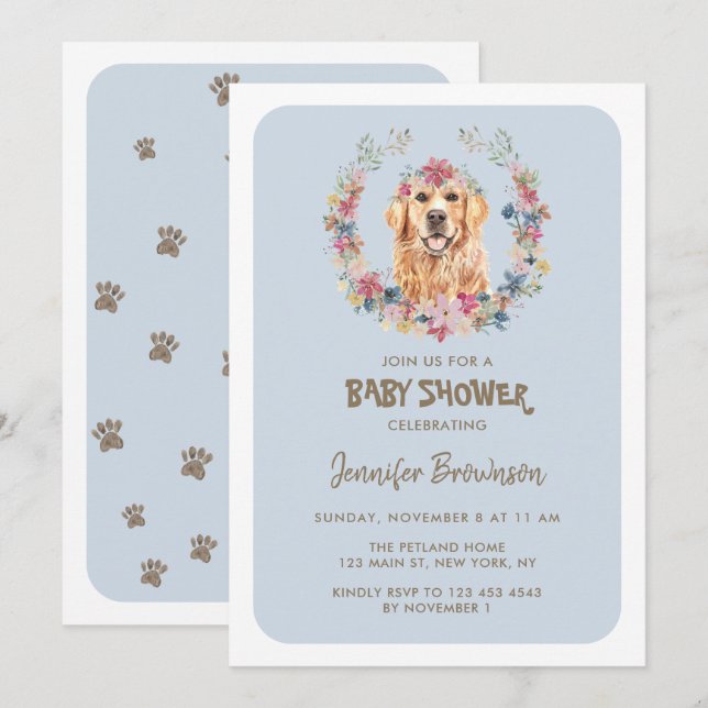 Invitation Baby Shower Chien Retriever Doré (Devant / Derrière)