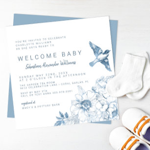 Invitation Baby shower Chinoiserie - Floral bleu