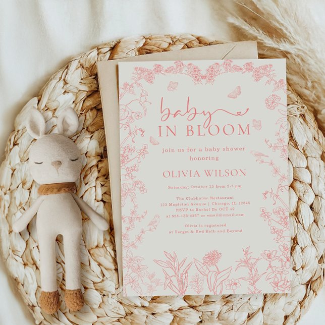Invitation Baby shower Chinoiserie Rose Peach En Fleur (Baby In Bloom Peach Pink Chinoiserie Baby shower Invitation)