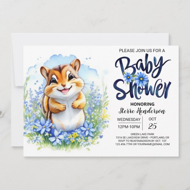 Invitation Baby shower Chipmunk Blue Boy (Devant)