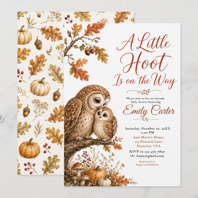 Invitation Baby Shower Chouette Forêt Automnale (Devant / Derrière)