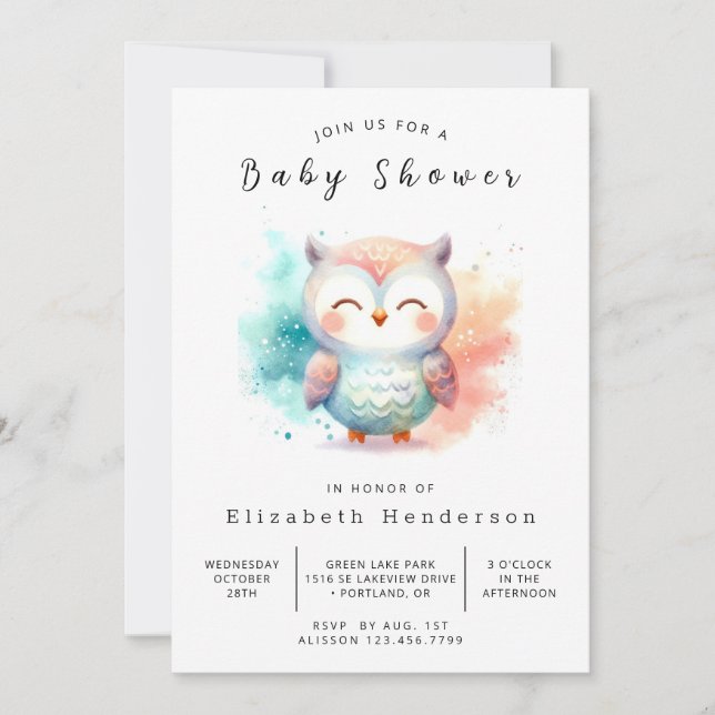 Invitation Baby shower Chouette modifiable aquarelle (Devant)
