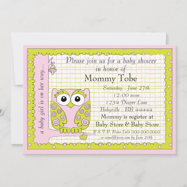 Invitation baby shower Chouette rose verte (Devant)