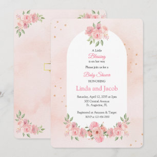 Invitation Baby shower chrétien rose poudré avec croix dorée