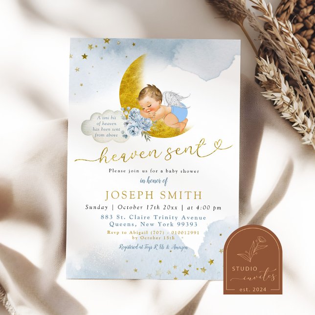 Invitation Baby Shower Ciel Envoyé Bleu Lune Étoile Blonde (Créateur téléchargé)