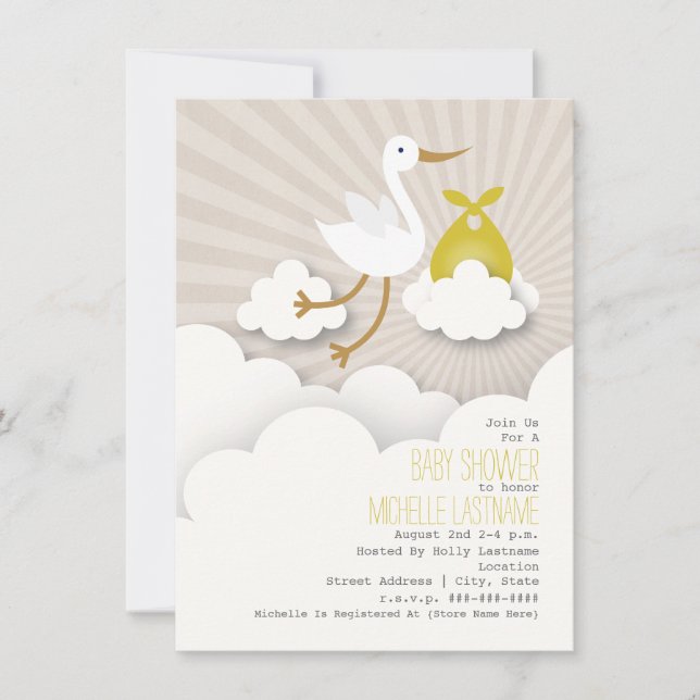 Invitation Baby shower cigogne + nuages - Jaune (Devant)