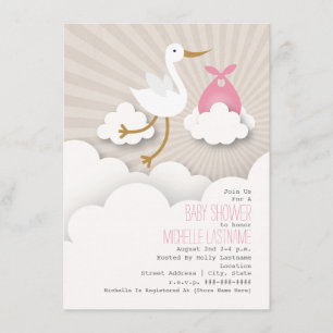 Invitation Baby shower cigogne + nuages - rose