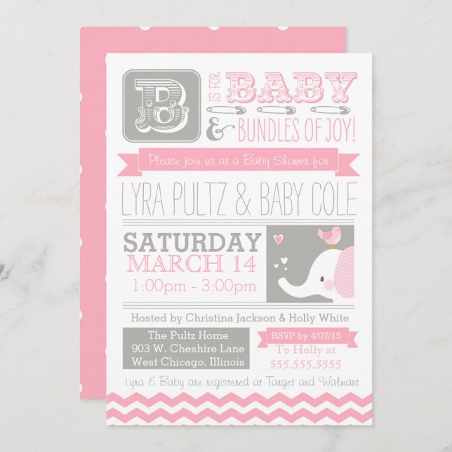 Invitation baby shower - Circus Elephant & Chevron (Devant / Derrière)