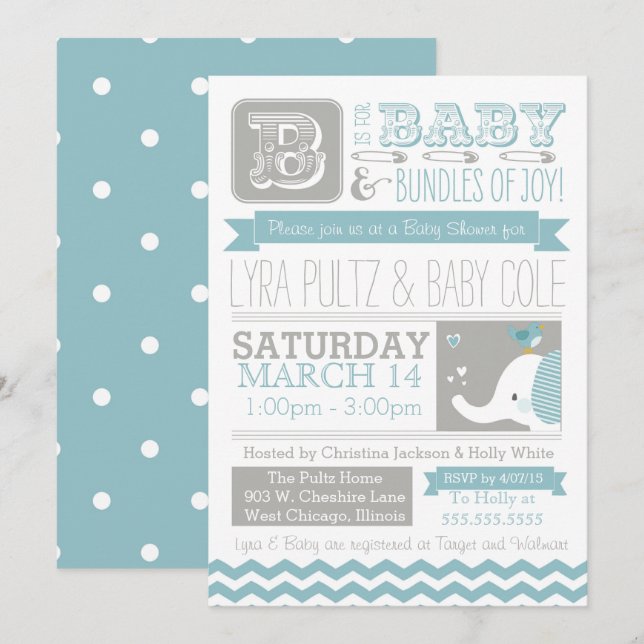 Invitation Baby shower - Circus Elephant & Chevron (Devant / Derrière)